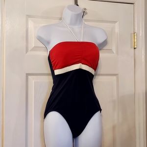 Tommy Hilfiger Women's Bandeau One Piece Swimsuit Red White Navy 8 Preppy